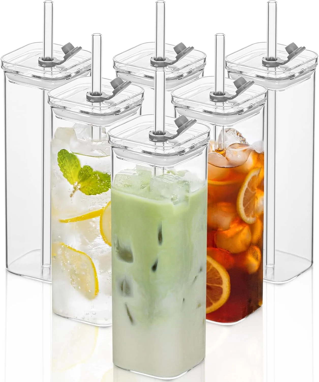 Detailed KEMORELA 6 Sets Square Drinking Glass Cups Old Fashioned Glasses 17 Oz Square Glasses Clear Highball Modern Glassware Tumbler Mixed Drinkware with Straws for Cocktail Coffee Juice Square-6PCS Expertly Made