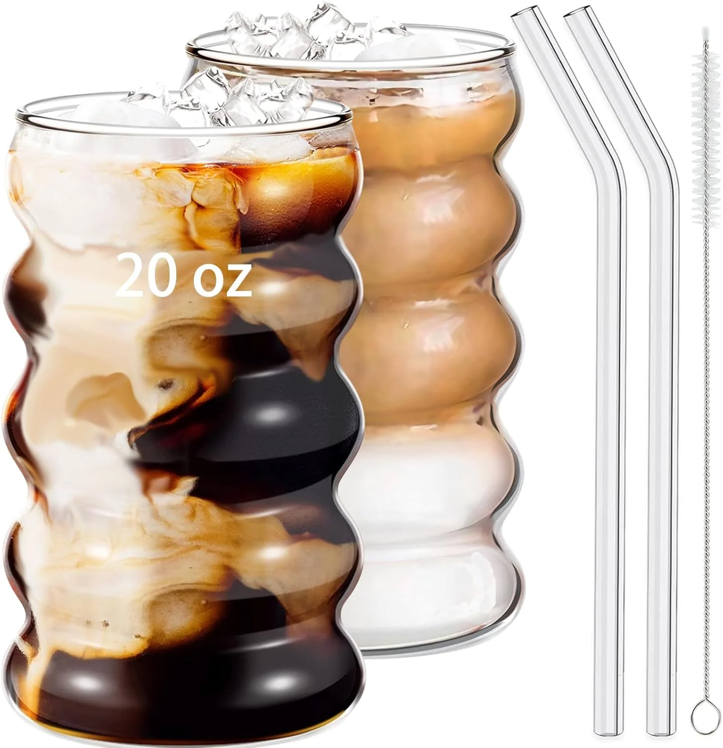 Contemporary 2 Pcs 20oz Drinking Glasses Set with Straws Cute Iced Coffee Glass Cups Iced Coffee Tumblers Thick Drinking Jars for Smoothie Boba Milk Tea Dependable