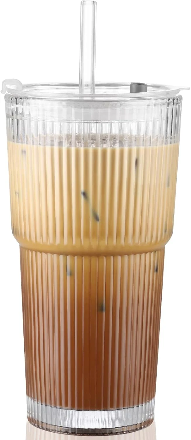 Eco-Friendly 20 oz Glass Cup with Lid and Straw Glass Tumbler with Straw and Lid Vintage Glassware for Whiskey Cocktail Beer Iced Coffee Cups with Lid 1 Pack Classic
