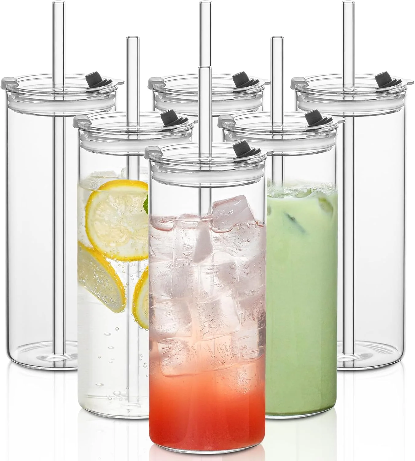 High-Grade Kemorela 6-Pack 18oz Large Round Glass Cups with Lids Straws – Clear Tumblers for Iced Coffee Juice Smoothies – Reusable Leakproof Beverage Set Convenient