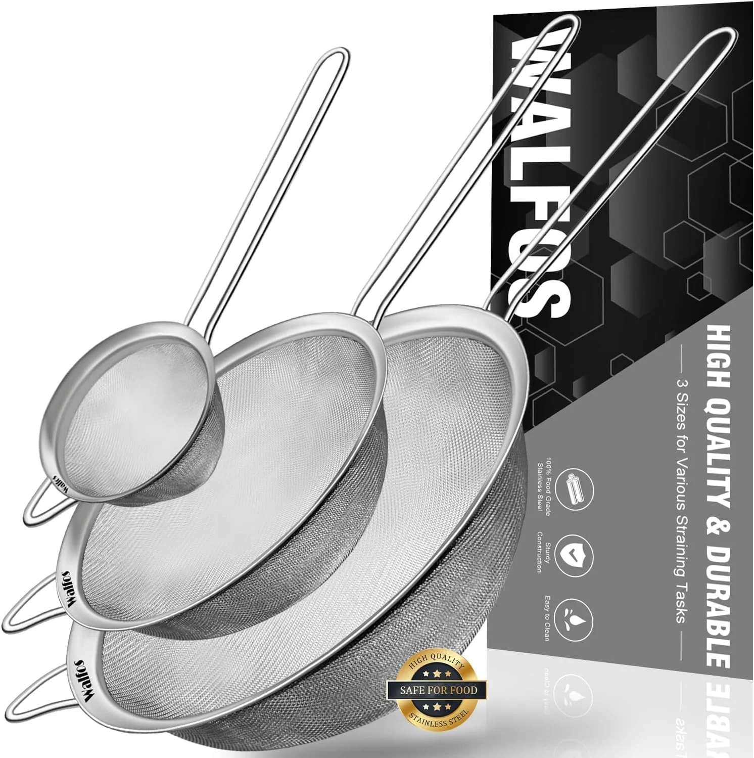 Natural Walfos Fine Mesh Strainers Set Premium Stainless Steel Colanders and Sifters with Reinforced Frame Sturdy Handle for Sift Strain Recyclable