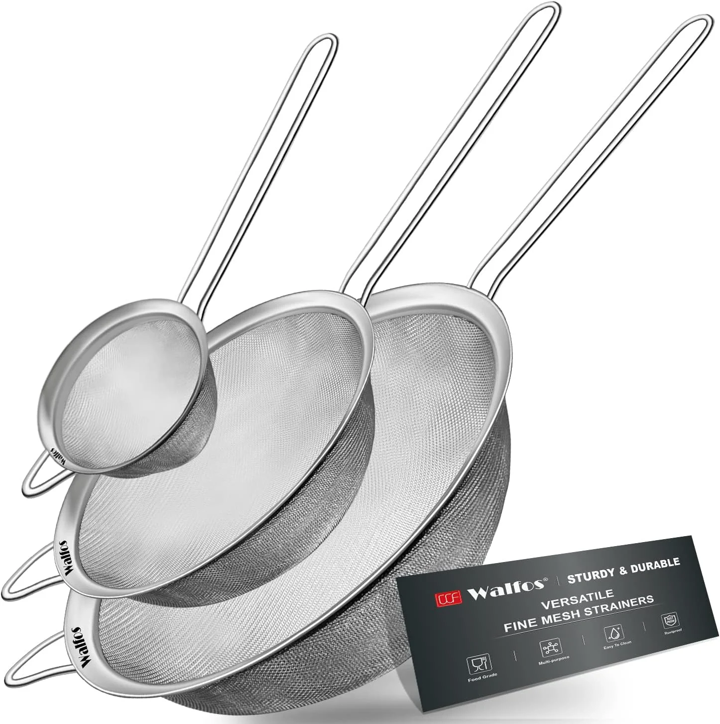 High-Grade Walfos Fine Mesh Strainer Set of 3 Stainless Steel Wire Strainers for Kitchen Multipurpose Metal Fine Sieve with Handle for Food Rice Quinoa 2.7 4.6 7 Natural