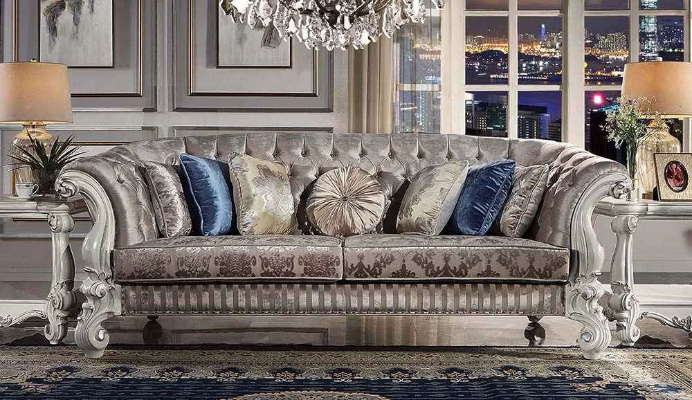 Modern Versailles – Sofa With 7 Pillows – Ivory Fabric Bone White High-Quality