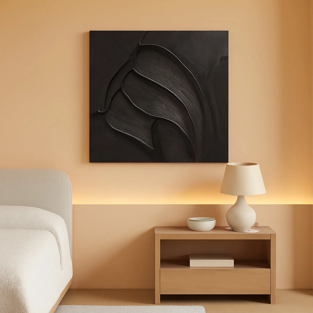Detailed Midnight Black Handcrafted Abstract Canvas Painting 20×40 Premium
