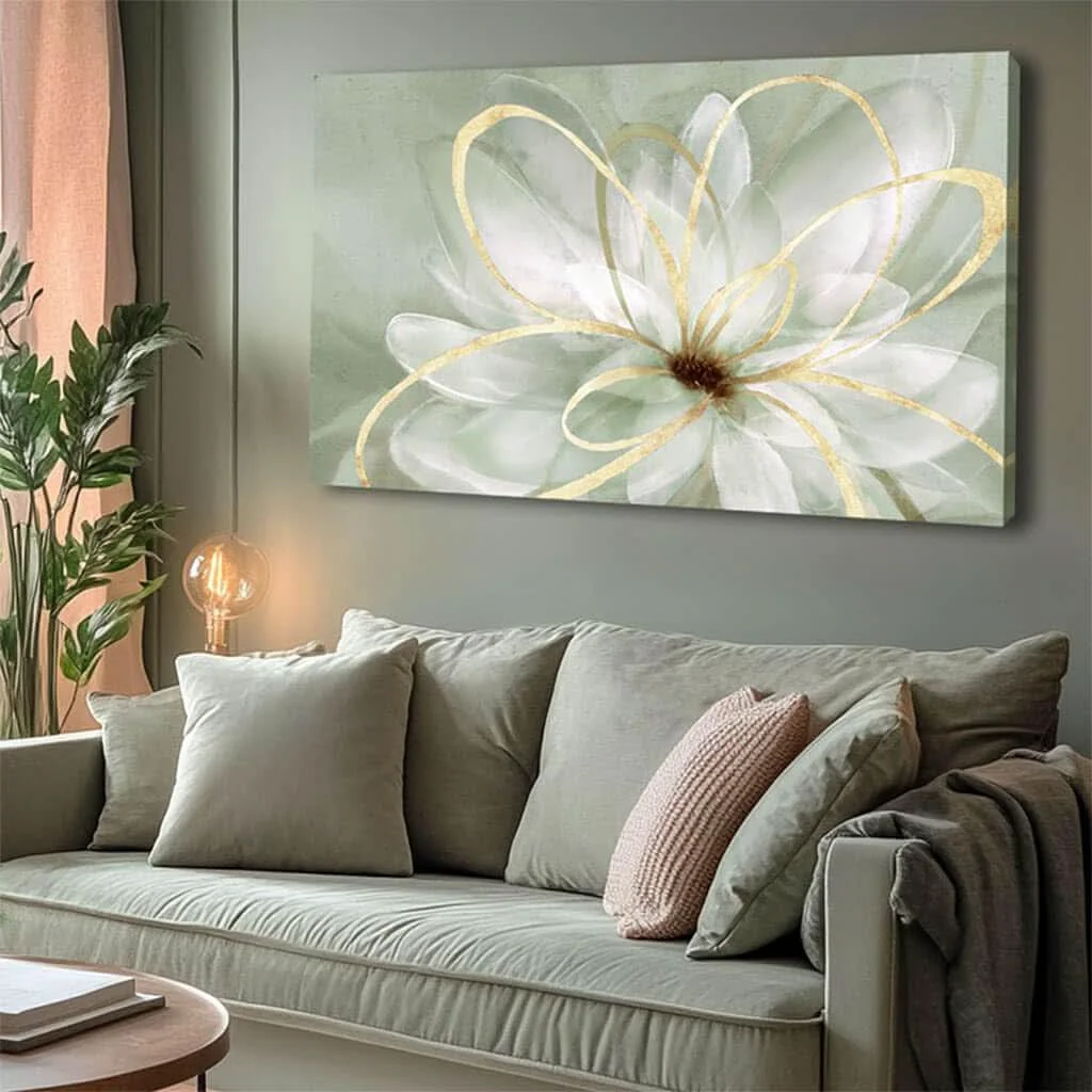 Optimized White Blossom GoldLine Wall Art Canvas 29X58 Inches Organic