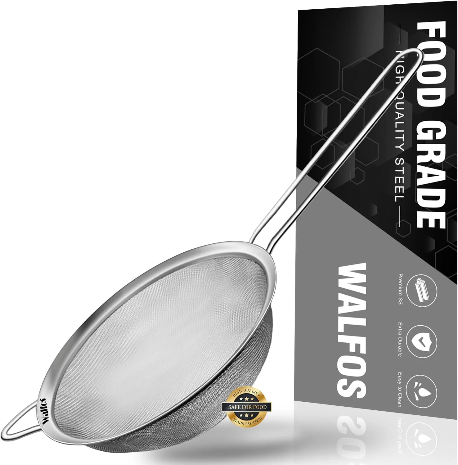 Walfos 4.6 Inch Fine Mesh Strainer Premium Stainless Steel Colanders and Sifters with Reinforced Frame and Sturdy Handle for Sift Strain Drain and Rinse Vegetables Pastas and Tea Functional