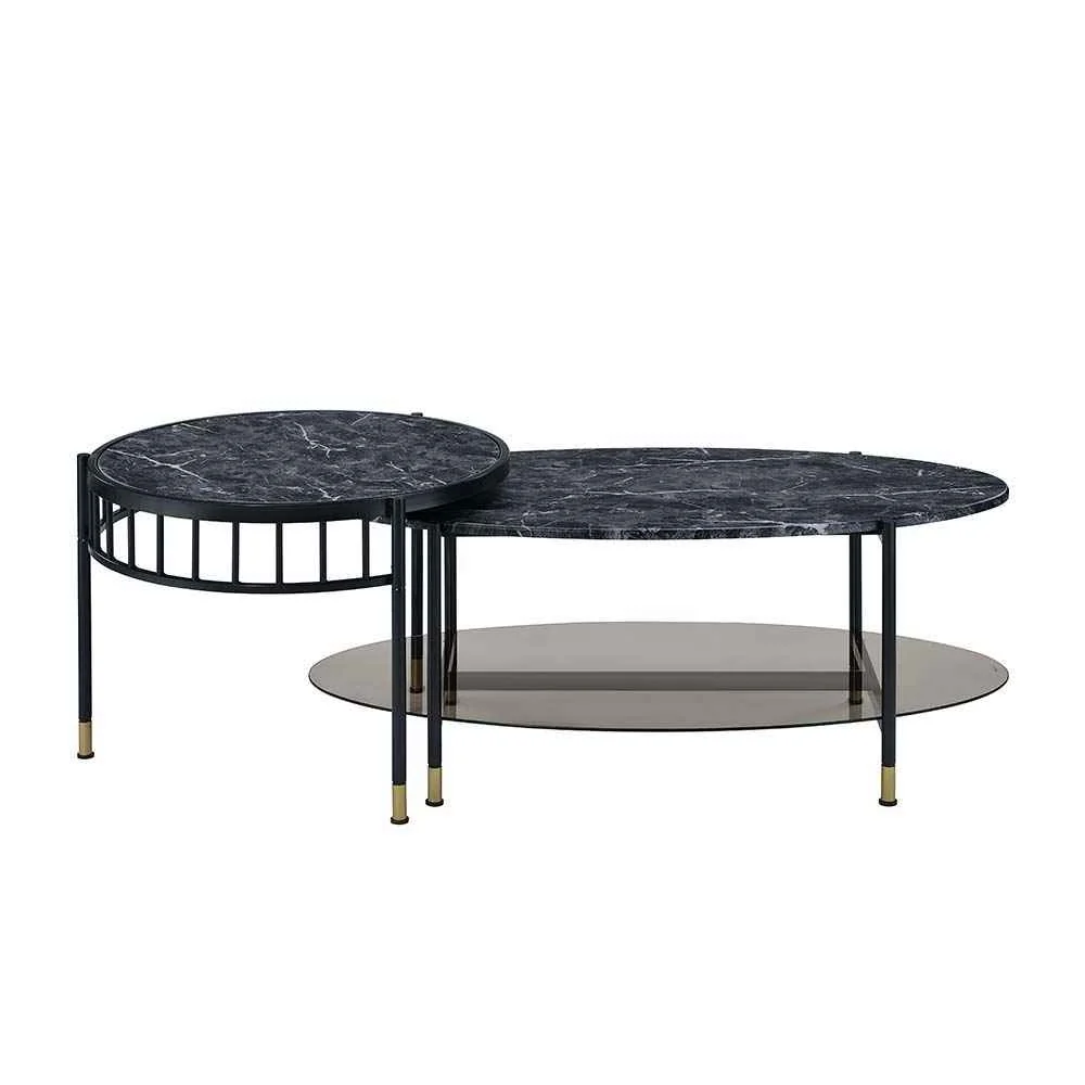 High-End Silas – Nesting Coffee Table Set – Faux Marble Top Black Green