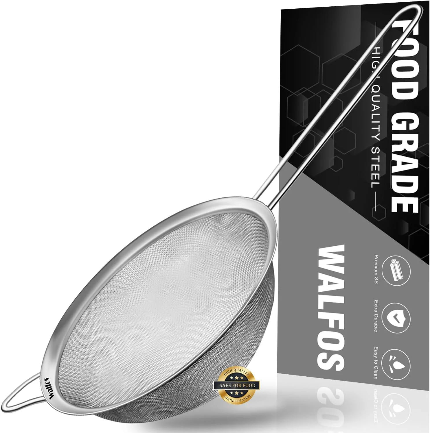 Optimized Walfos 6.95 Inch Fine Mesh Strainers Premium Stainless Steel Colanders and Sifters with Reinforced Frame and Sturdy Handle for Sift Strain Drain and Rinse Vegetables Pastas and Tea Versatile