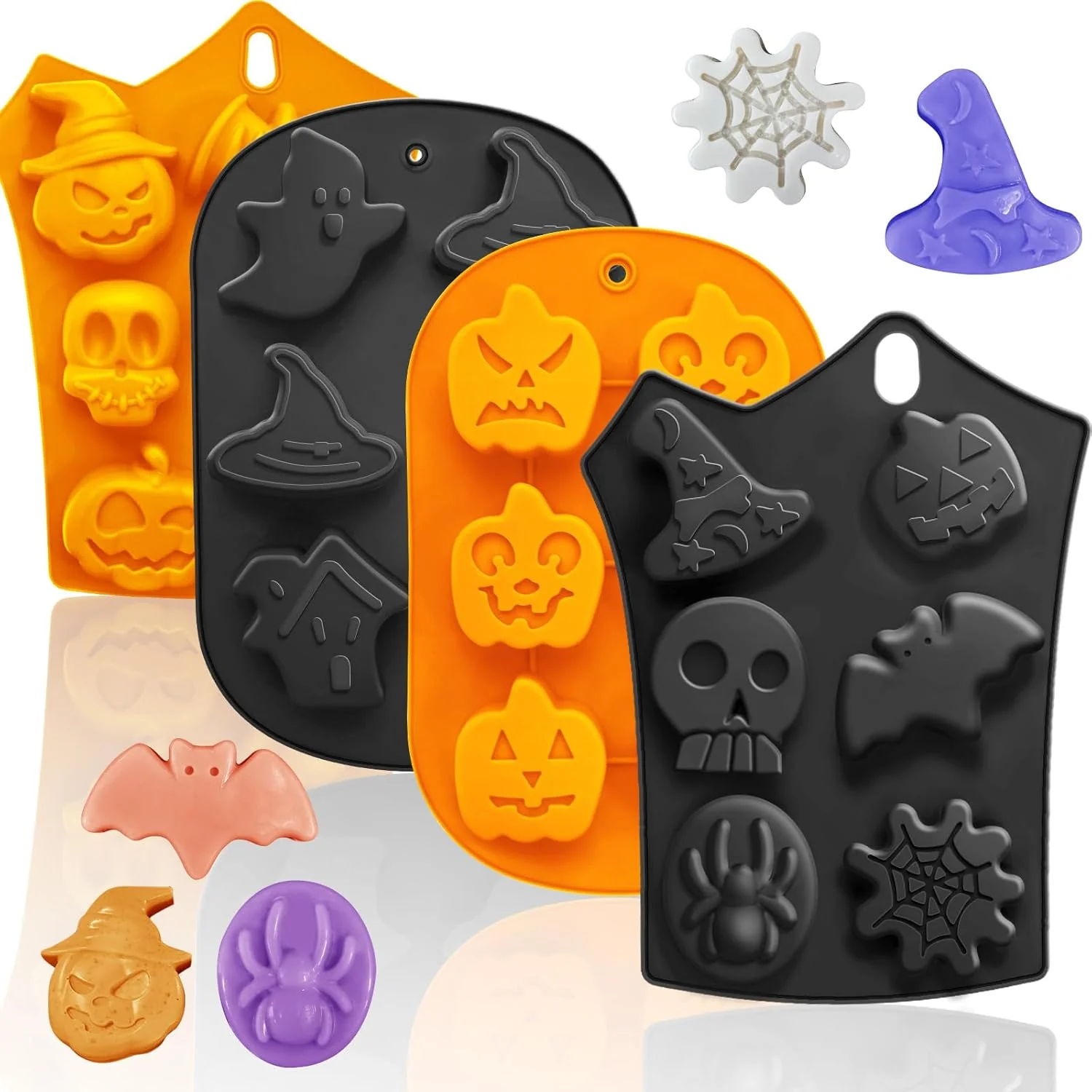 Versatile Halloween Silicone Molds Set 19 Shapes Large Baking Molds Pack of 4 Including Pumpkin Skull Ghost Bat Hat Spider Web House Molds 3D Spooky Homemade Soap Candle Ice Pan Muffin Cupcake Moulds Oven Safe Dependable