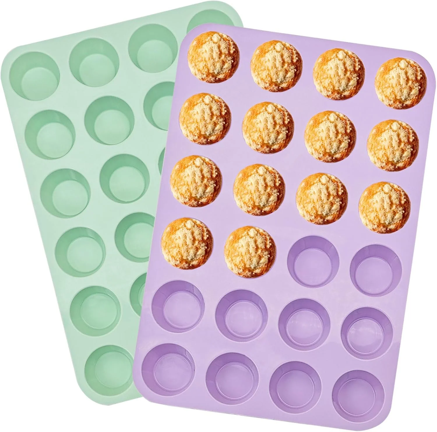 Healthy 24 Cups Silicone Mini Muffin Pan Set Nonstick Mini Cupcake Pans BPA Small Muffin Tin for Baking Set of 2 Green Purple Exceptional