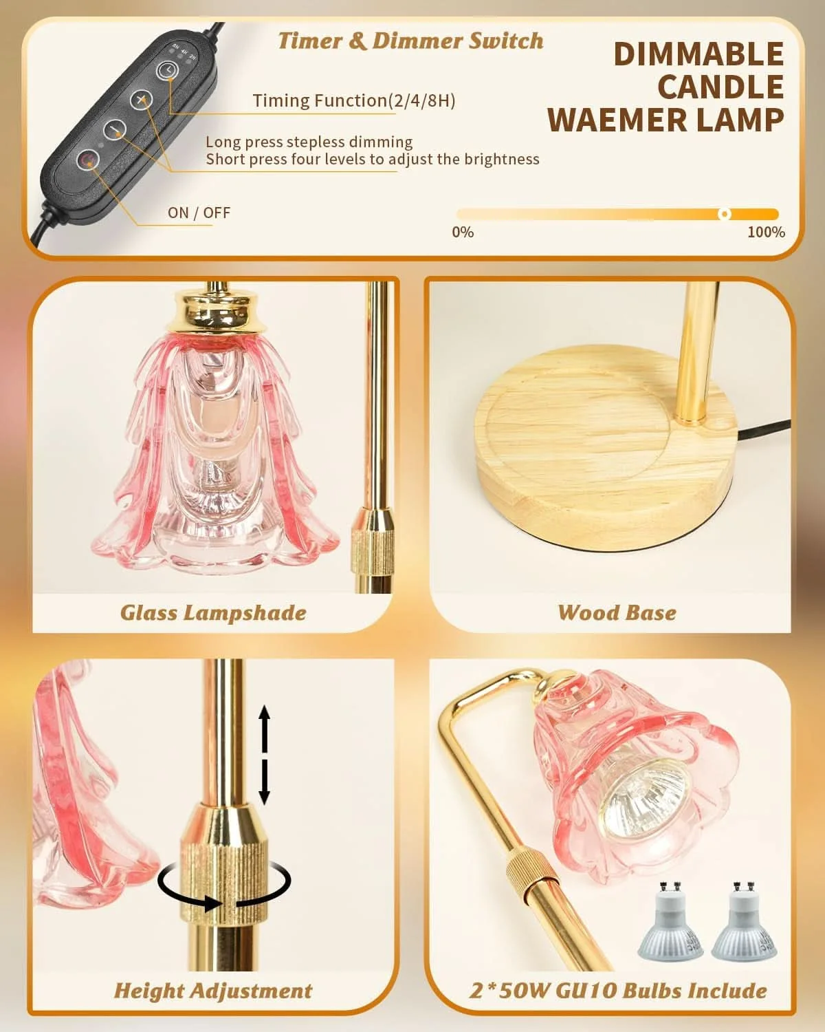 Long-Lasting Pink Multifunctional Candle Warmer Lamp Timer Dimmable High-Grade
