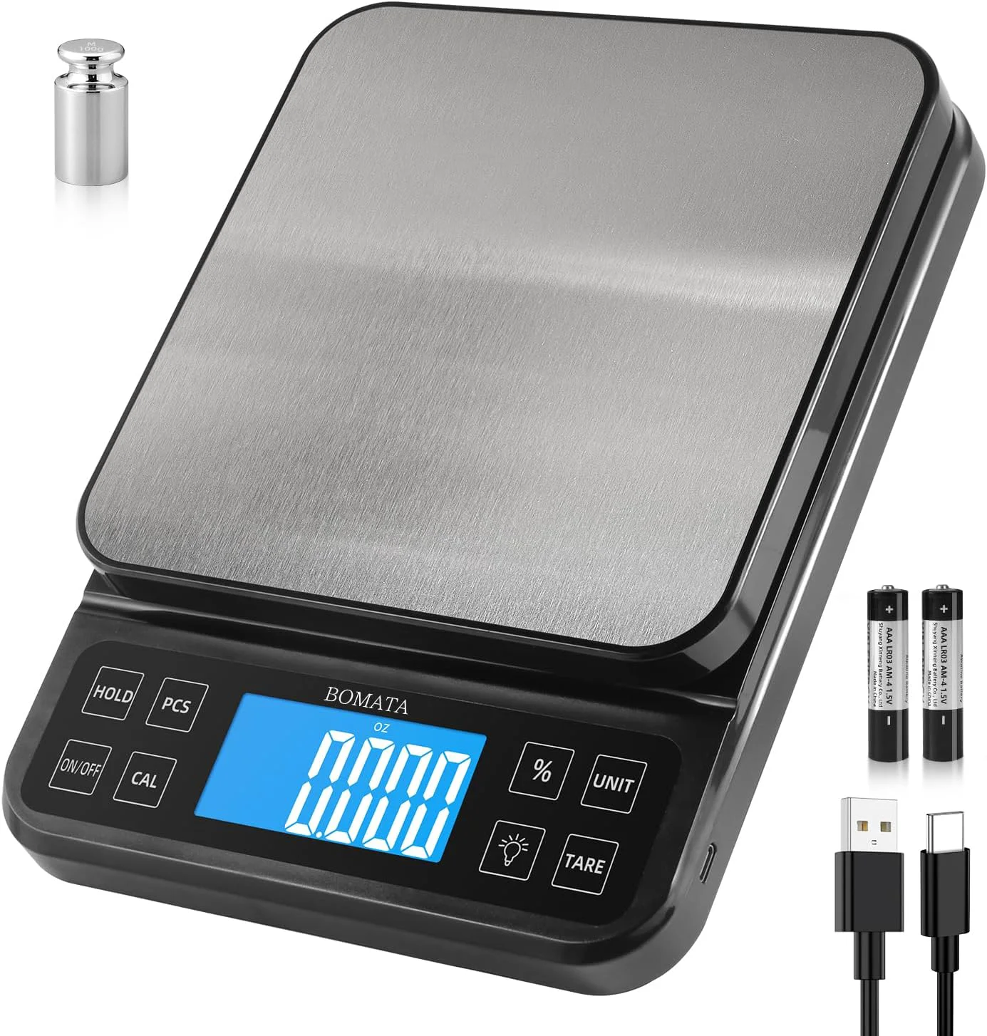 Elite BOMATA Large Kitchen Scale 0.1g 0.001oz High Precision 11lb Bakery Scale Percentage Function USB Rechargeable Full-View Angle LCD with Backlight Stainless Steel Pan Smart