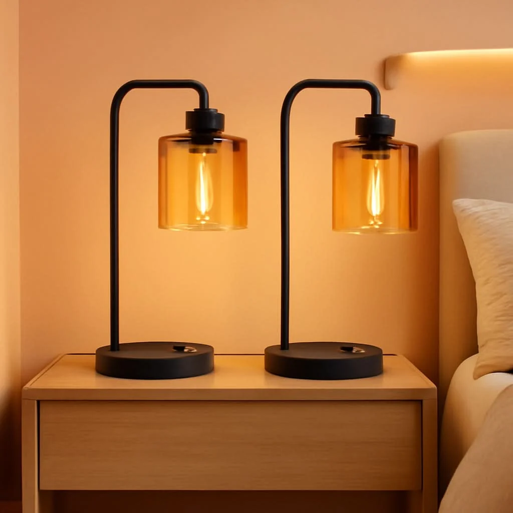 Convenient Set of 2 Nightstand Lamps 3 Way Dimmable Touch With USB Ports Amber Gl Lightweight