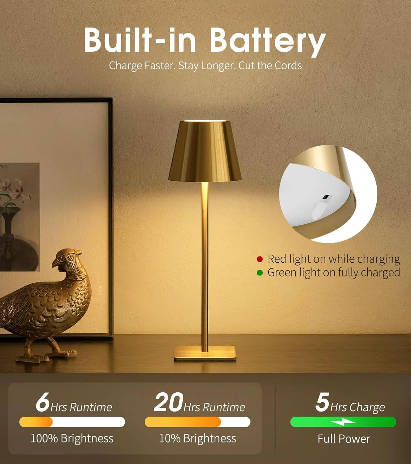 Smart Rechargeable Cordless Table Lamp With Color Temperatures High-Performance