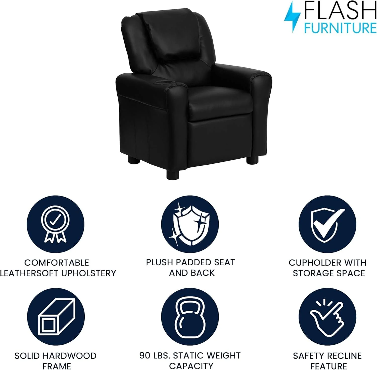 Efficient Kids Leathersoft Recliner With Cup Holder And Safety Recline Black Fast