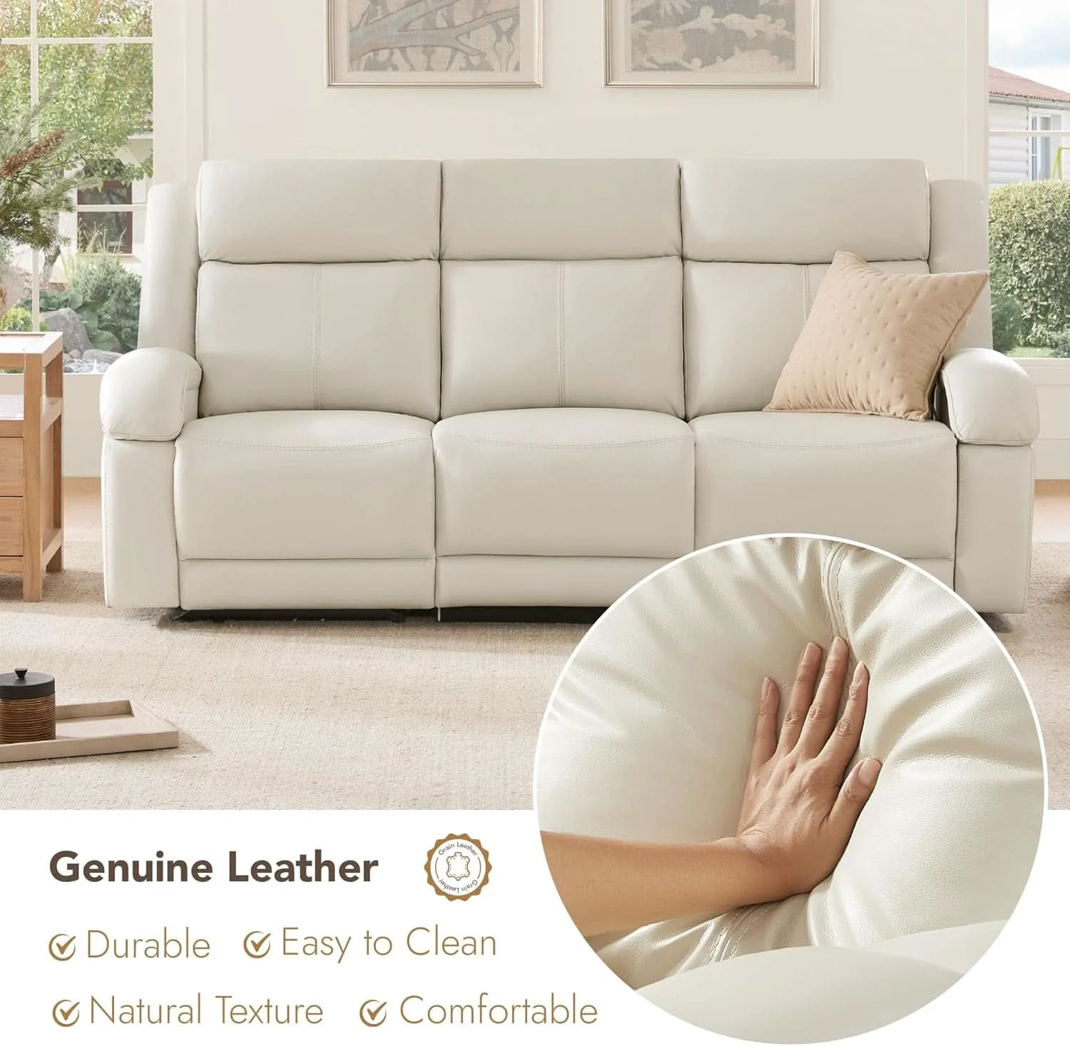 Quality Leather Power Recliner Sofa Cream Upholstery Enhanced