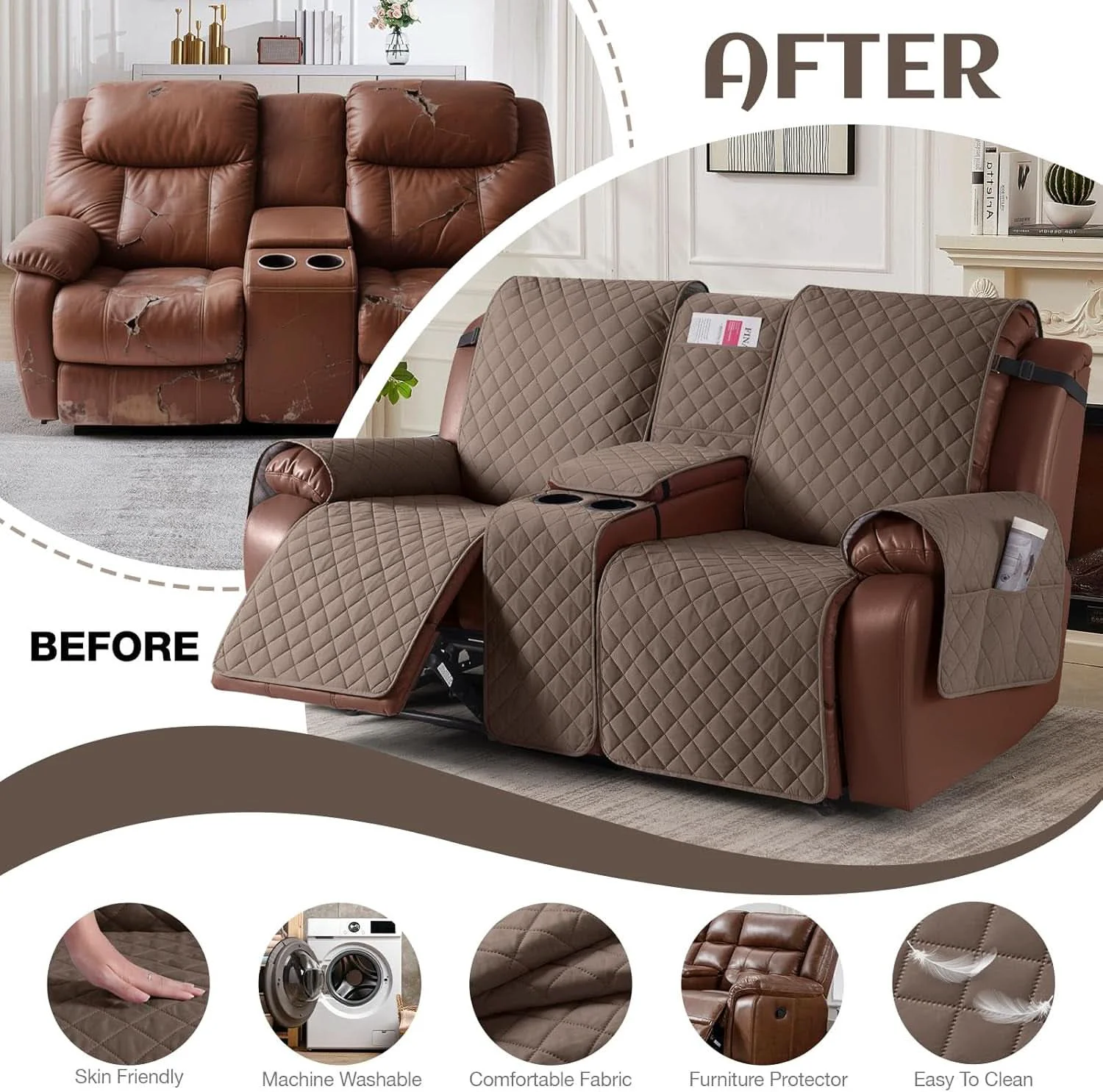 Convenient Waterproof Recliner Loveseat Cover With Console Straps Superior
