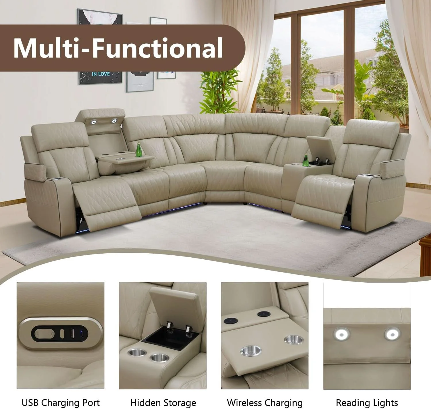 Practical Beige Leather Power Recliner Sectional LED Refined