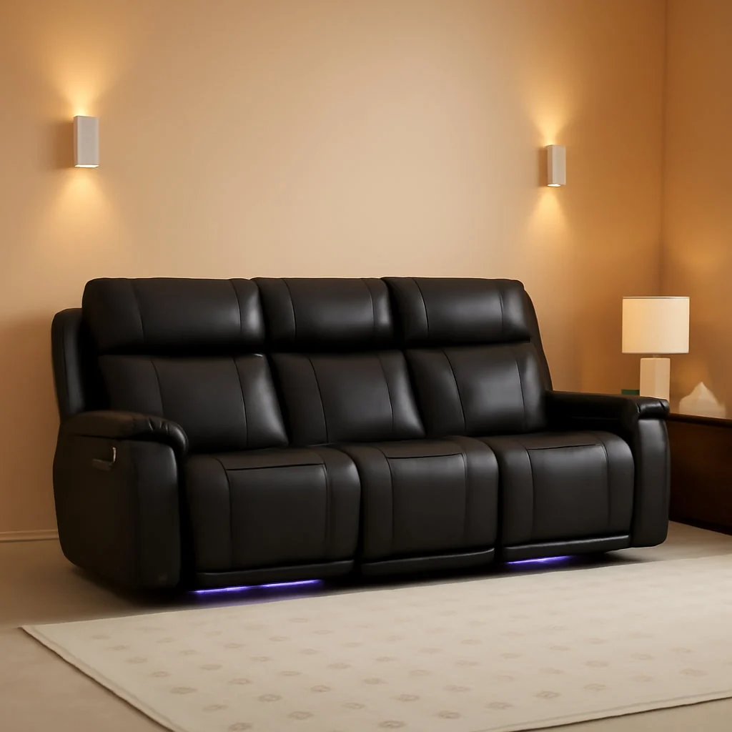 Environmentally Friendly Black Leather Ambient Lighting Power Recliner Sofa Soft