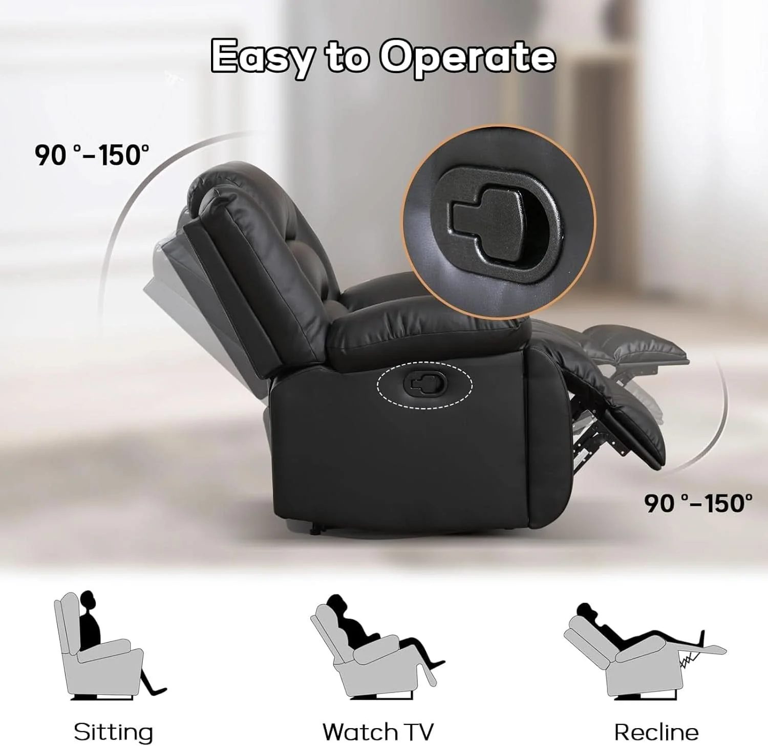 Detailed Black Faux Leather Manual Recliner Sofa Cupholders First-Class