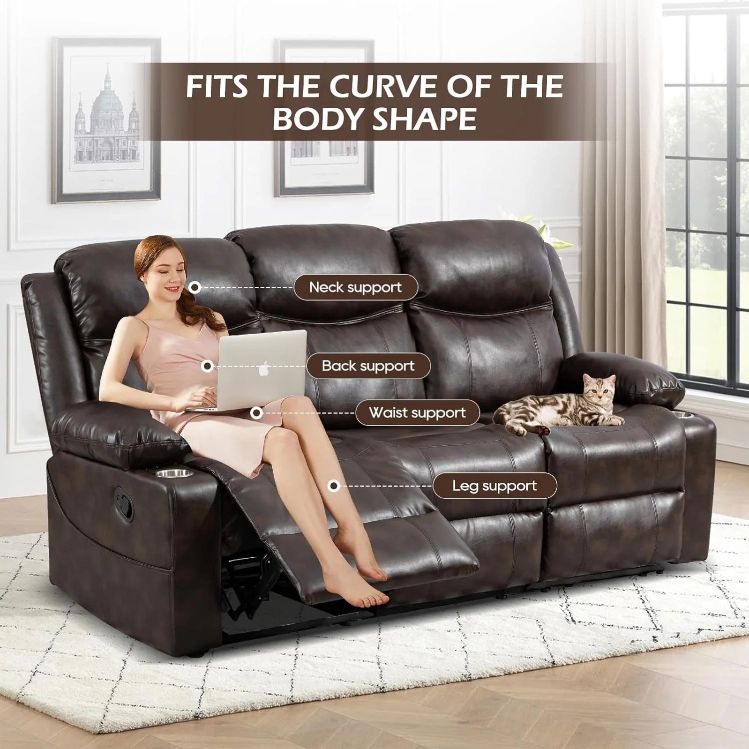 Genuine Chestnut Premium Recliner Sofa With Massage Deluxe Luxury