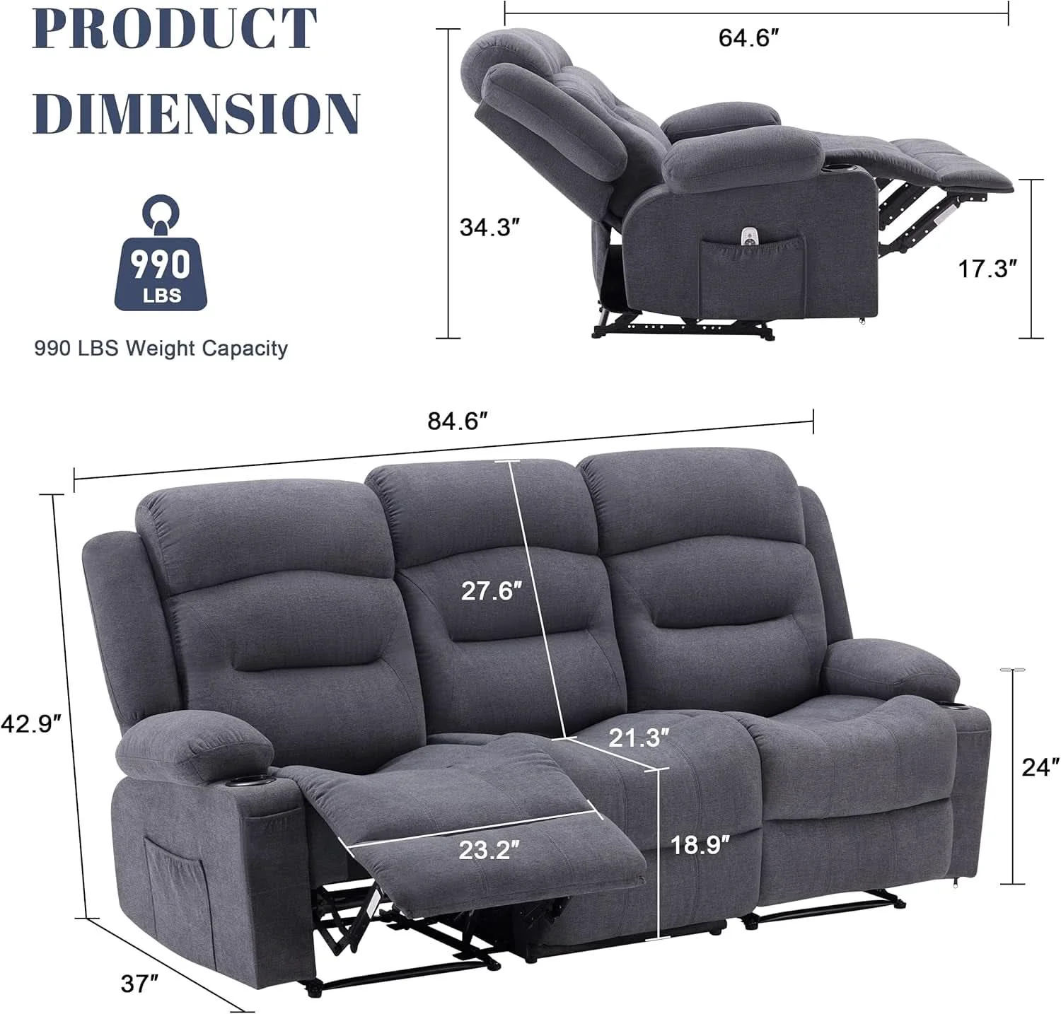 Excellent Grey Recliner Sofa With Therapeutic Massage Experience Unique