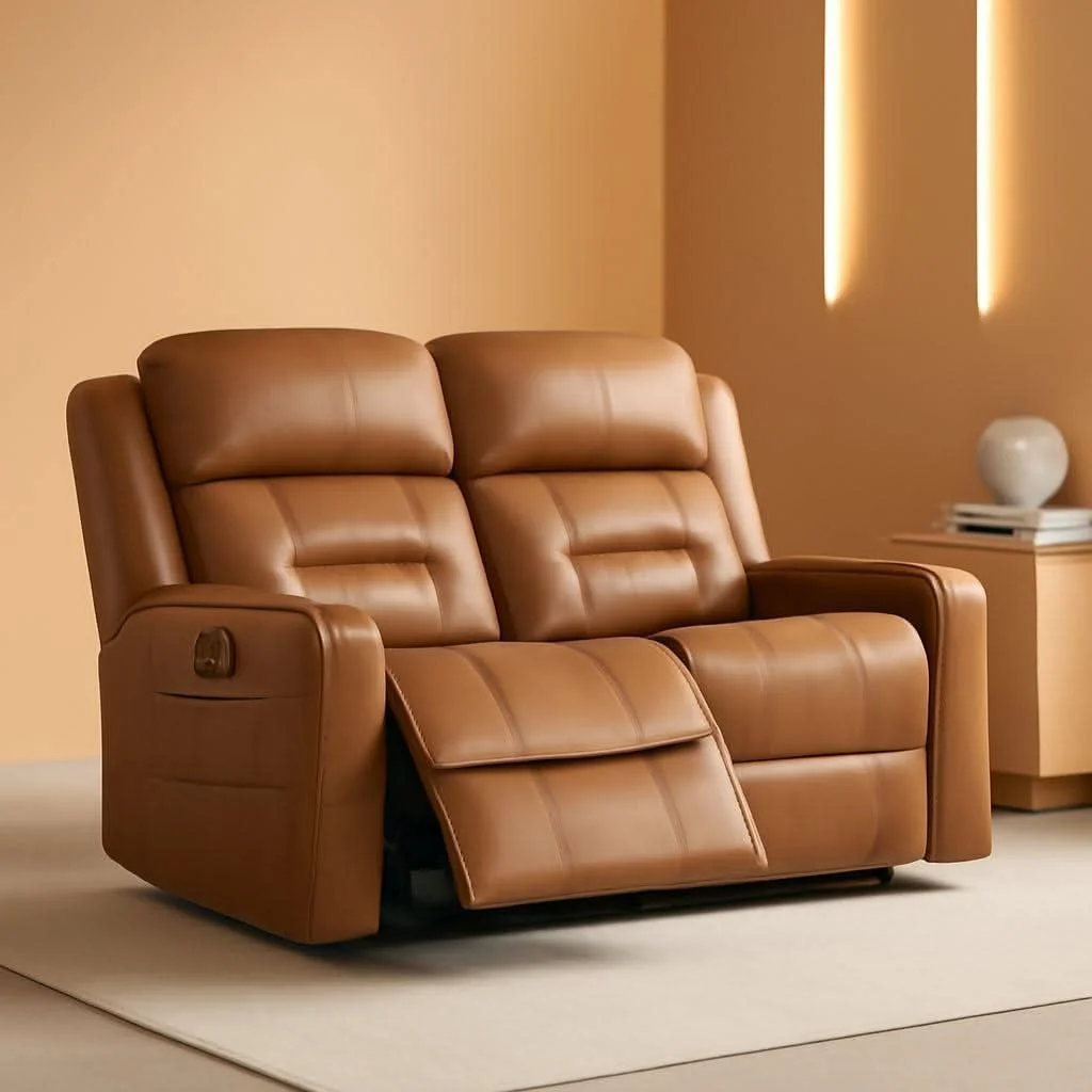 Professional Saddle Brown Leather Power Headrest Loveseat Recliner Smooth