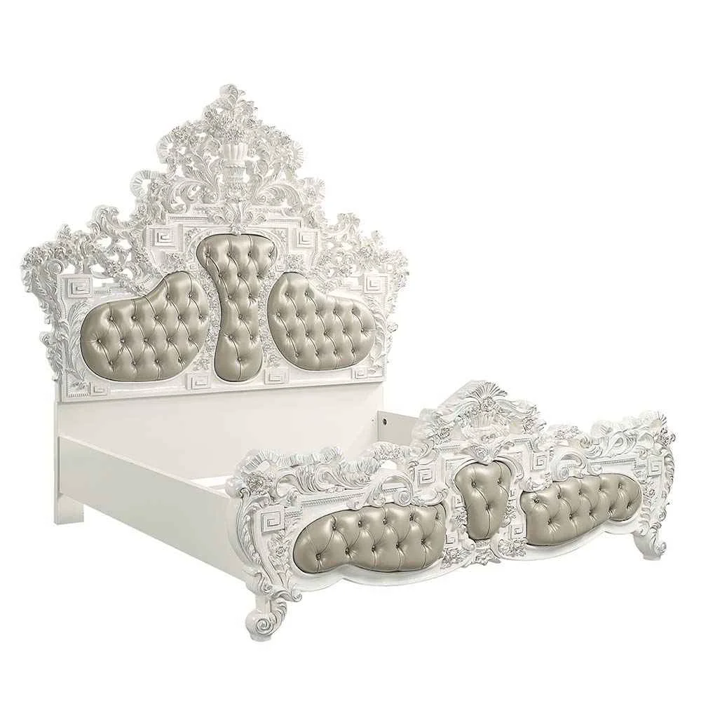 Fashionable Vanaheim – Eastern King Bed – Beige Synthetic Leather Antique White Smart