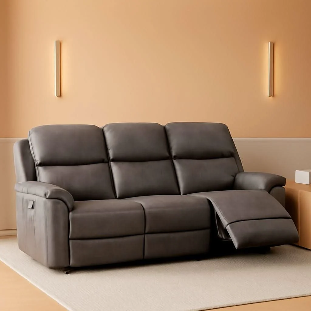 User-Friendly Grey Overstuffed Faux Leather Manual Recliner Sofa Functional