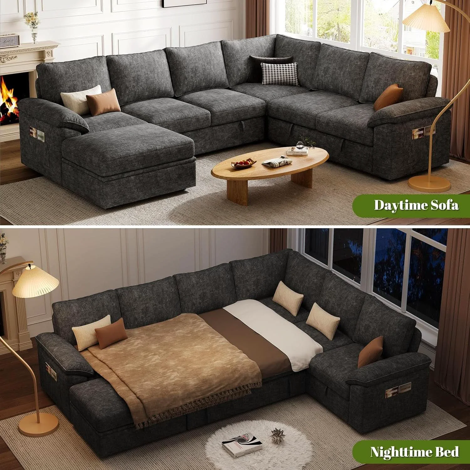 World-Class 108 Inch Modular Sectional Sleeper Sofa CharcoalGrey Environmentally Friendly