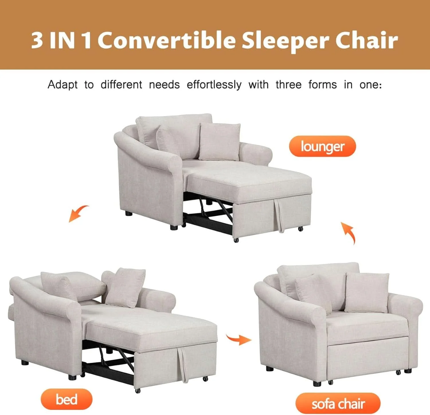 Fast Chenille Convertible Sleeper Chair With Backrest Beige Easy-to-Use