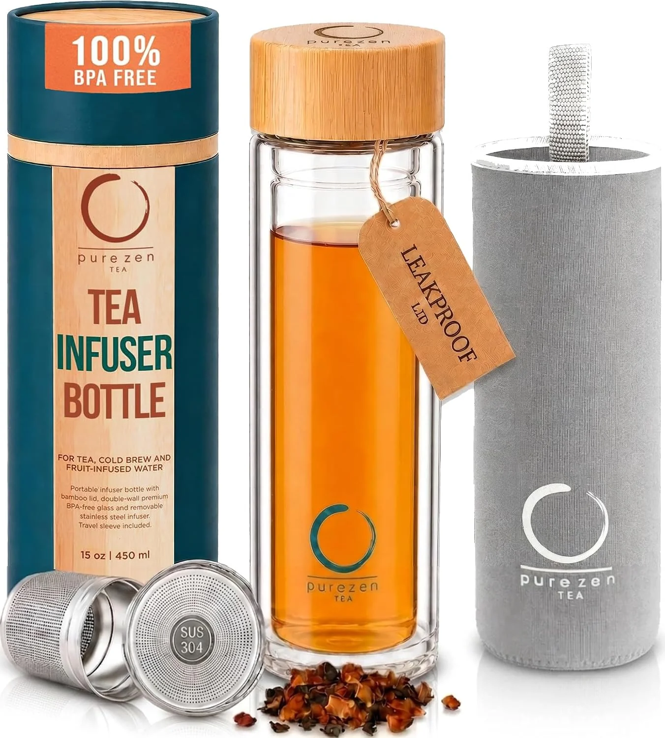Optimized Pure Zen Tea Glass Tea Infuser Bottle Leakproof Tea Tumbler with Infuser 15oz Double Wall Travel Sleeve Extra-fine Stainless Steel Filter Bamboo Lid Gift-ready Packaging Extra-thick Glass Traditional