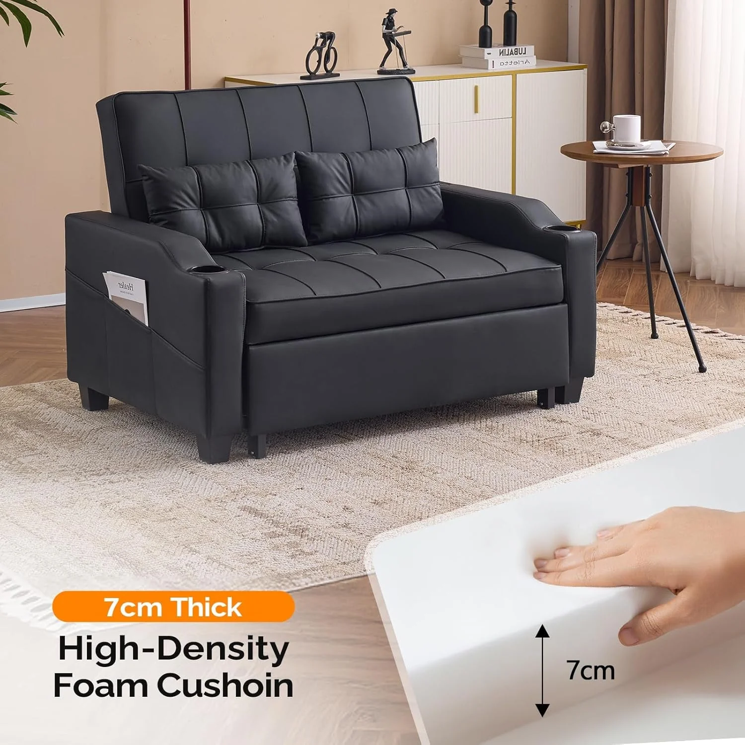 Powerful Black Leatherette Convertible Sleeper Sofa With USB Practical