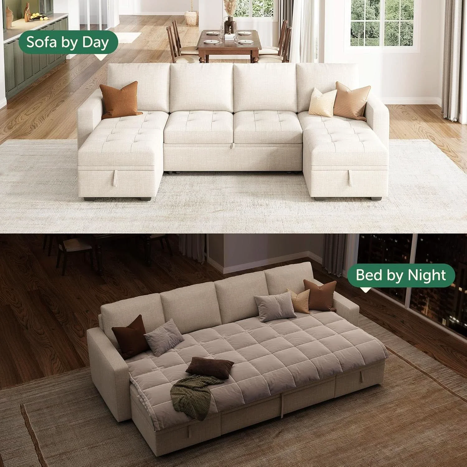 Classic Beige Modular Sleeper Sectional Couch With Storage Refined