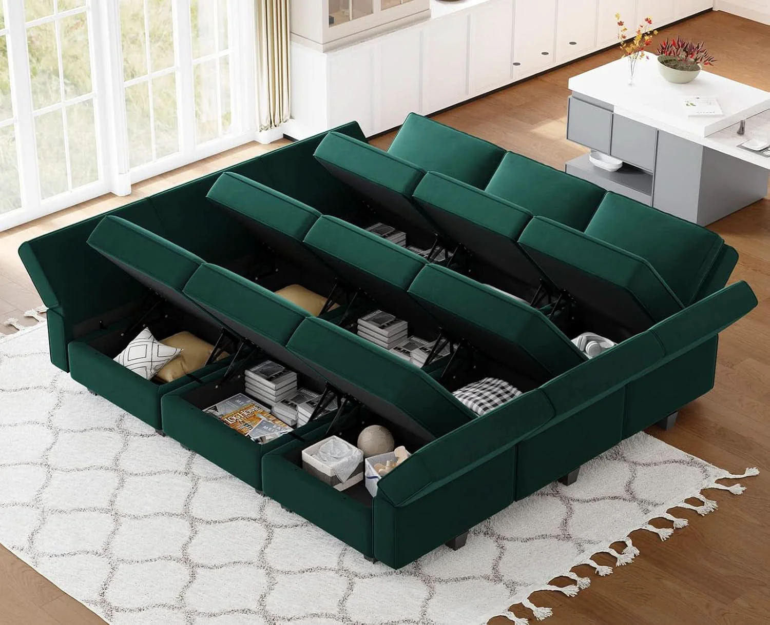 Elite Luxurious Emerald Green Velvet Modular Sleeper Sofa Modern