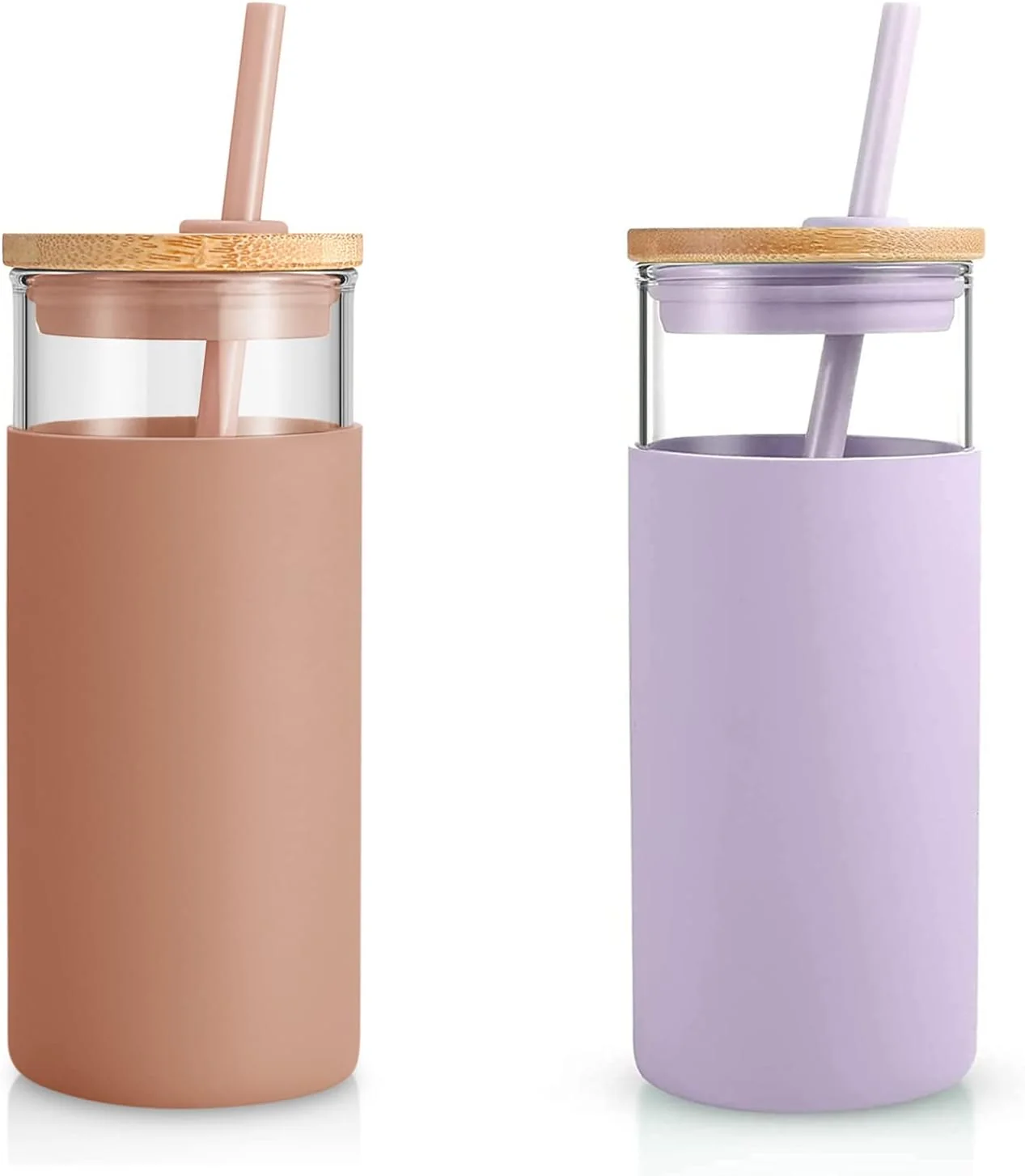 Relaxed Tronco 20 oz Glass Tumbler with Lids and Straws Reusable Iced Coffee Cups Borosilicate Glass Cups with Bamboo Lid Silicone Sleeve Dishwasher Safe Cup Holder Friendly Iced Coffee Tumbler 2 Pcak Refined