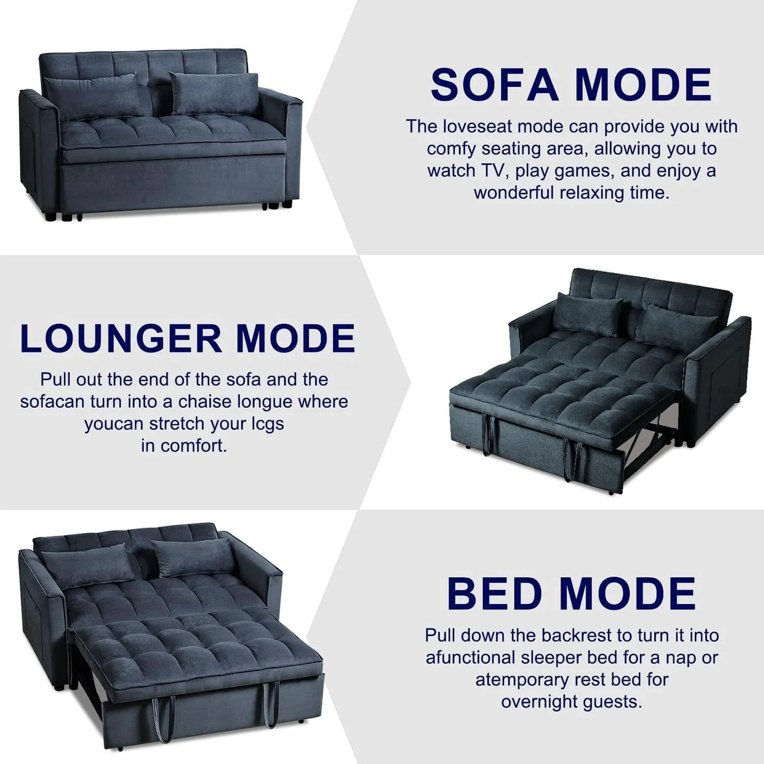 Powerful Black Velvet Convertible Sleeper Sofa Bed Luxurious High-Quality