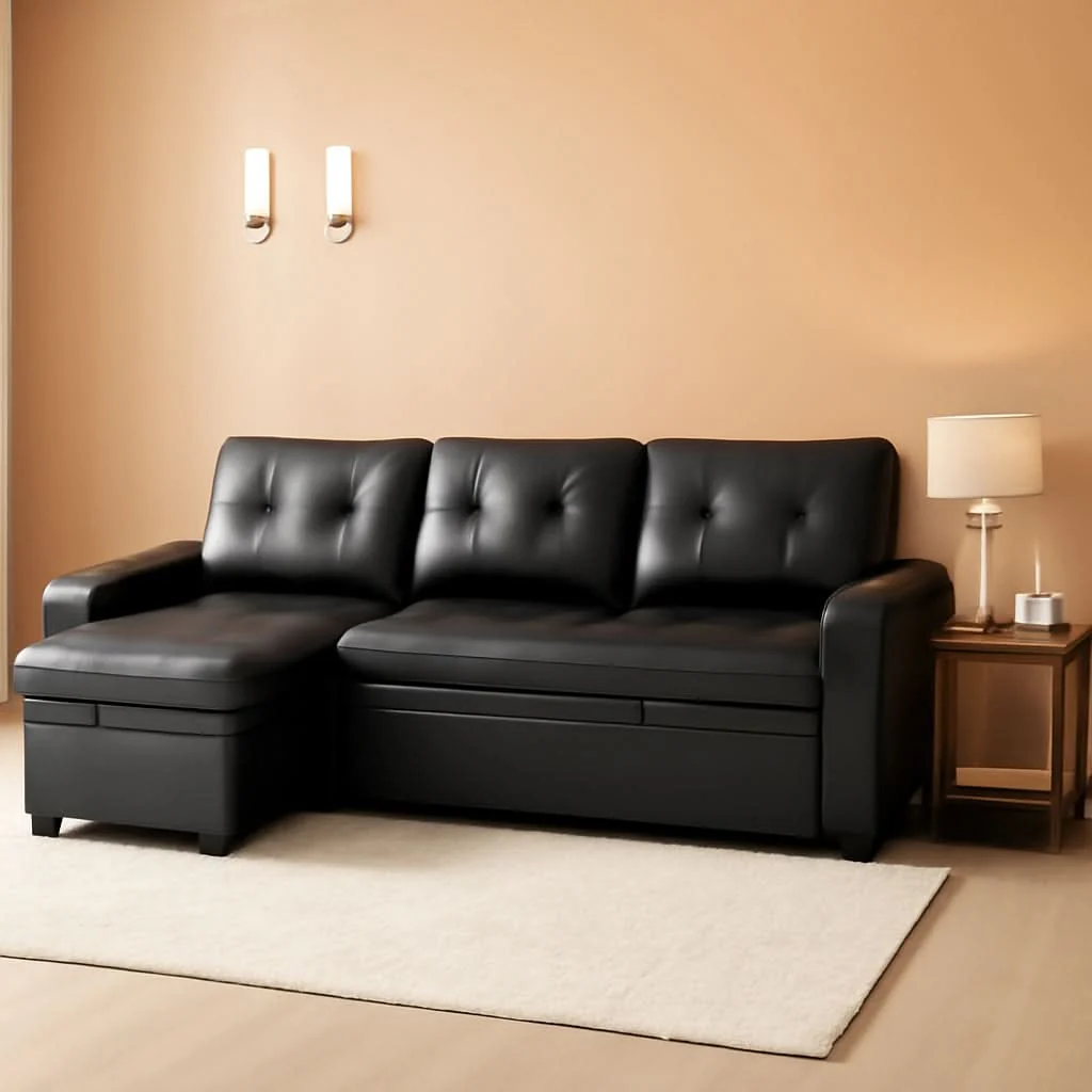 Practical Sleeper Sectional Sofa Black Leather With Convertible Bed High-End