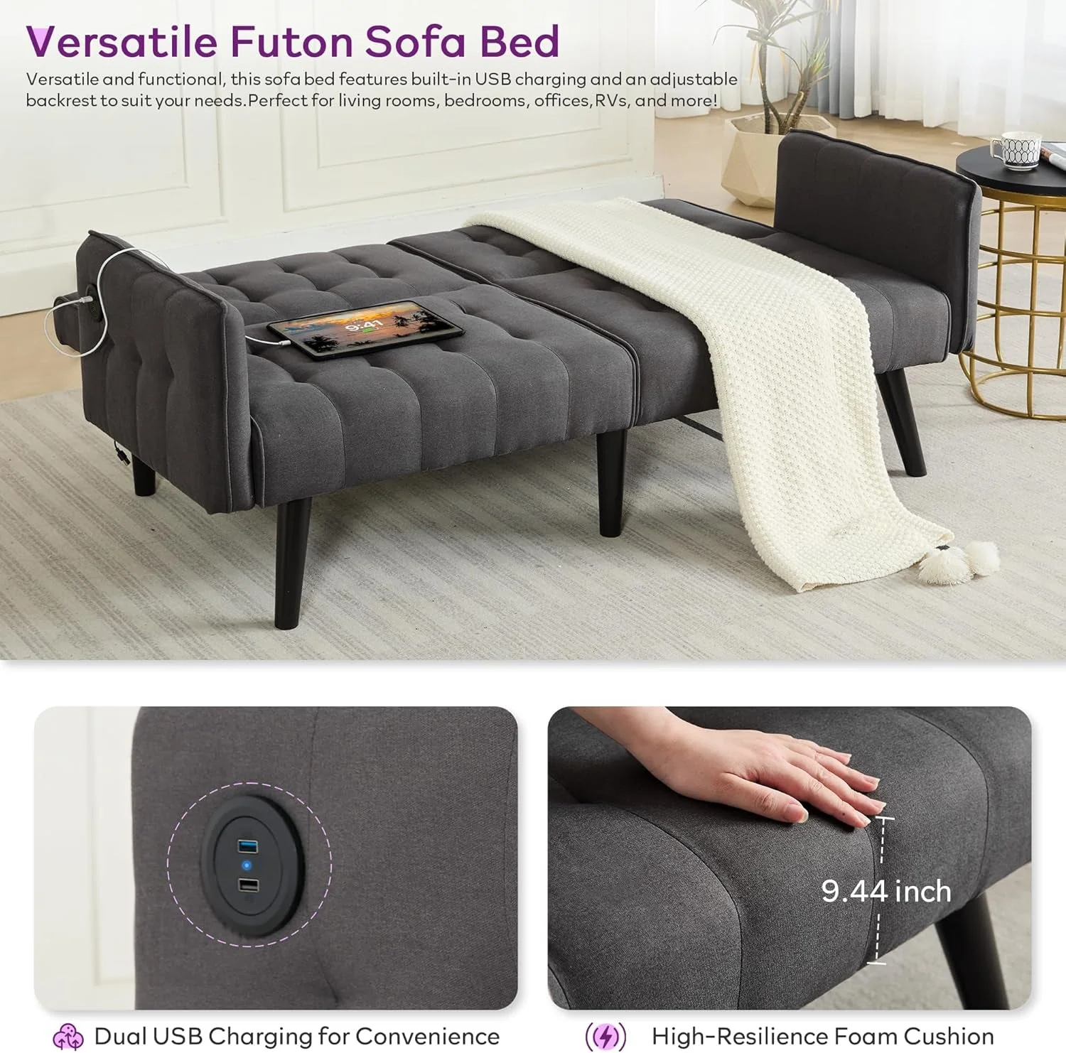 Sustainable 65 Inch Charcoal Grey Upholstered Convertible Sleeper Sofa Trusted