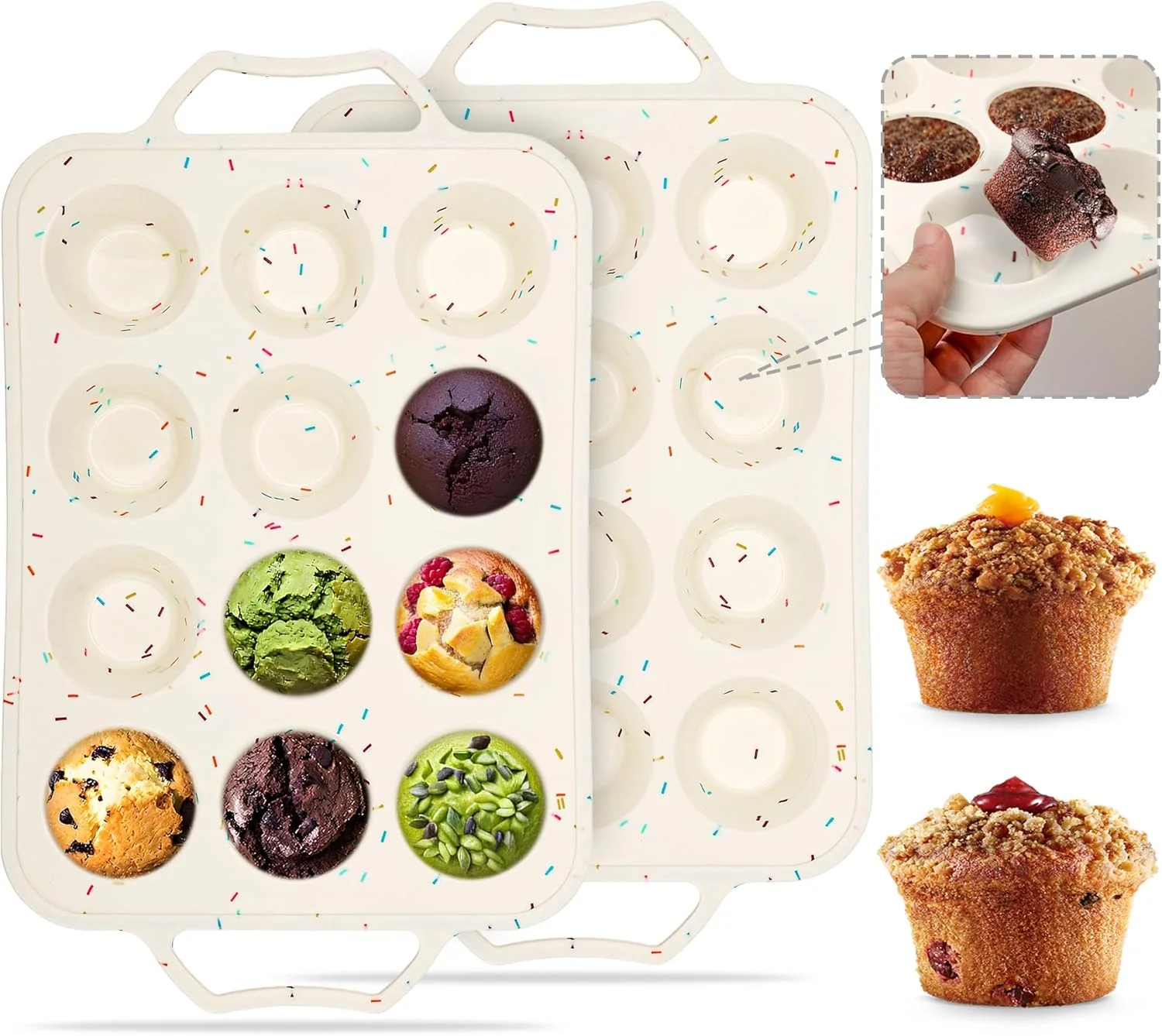 Exclusive 2 Pack Silicone Muffin Pans for Baking with Metal Reinforced Frame 12 Cup Cupcake Baking Pans Nonstick for Oven Unique