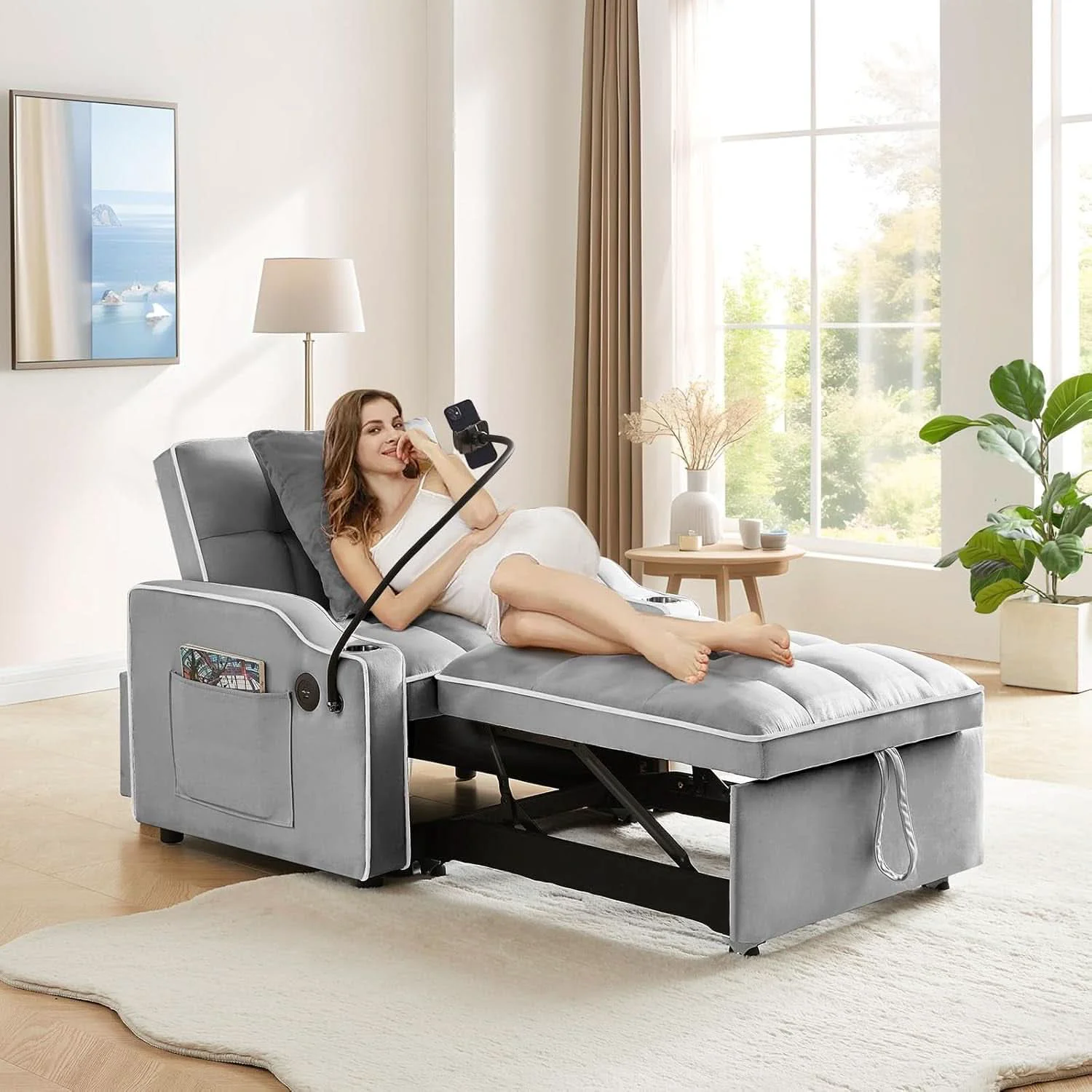 Dependable Convertible Sleeper Chair Bed with USB Ports and Holder Practical