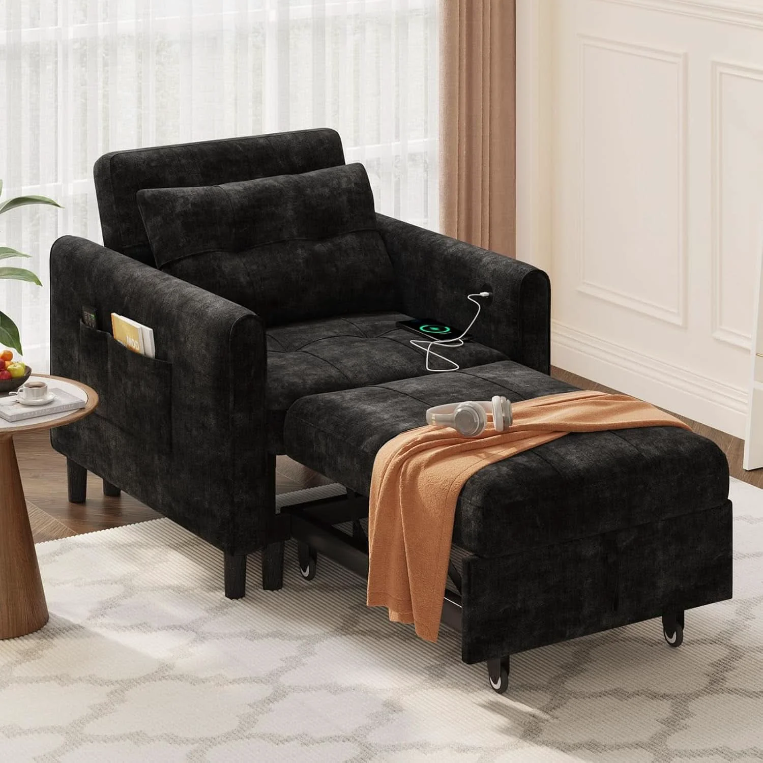Versatile Black Upholstered Sleeper Chair Pull Out Bed For Small Rooms Fine