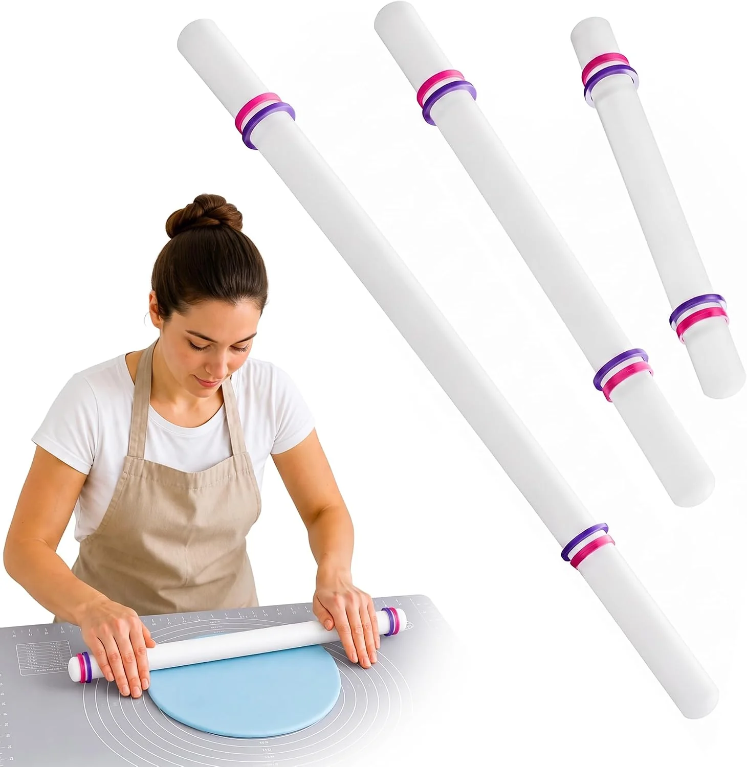 Proven Bakerpan Fondant Roller Set – 3 Fondant Rolling Pins with Thickness Guide Rings for Fondant Gum Paste Sugar Paste amp Cake Decorating – 19.5 13 amp 9 Innovative