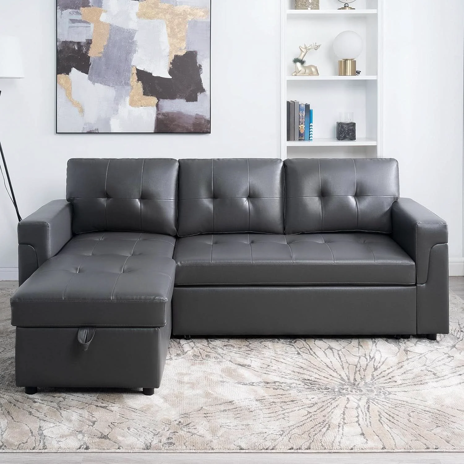 Premium Material Sleeper Sectional Sofa With Convertible Bed In Dark Gray Modern