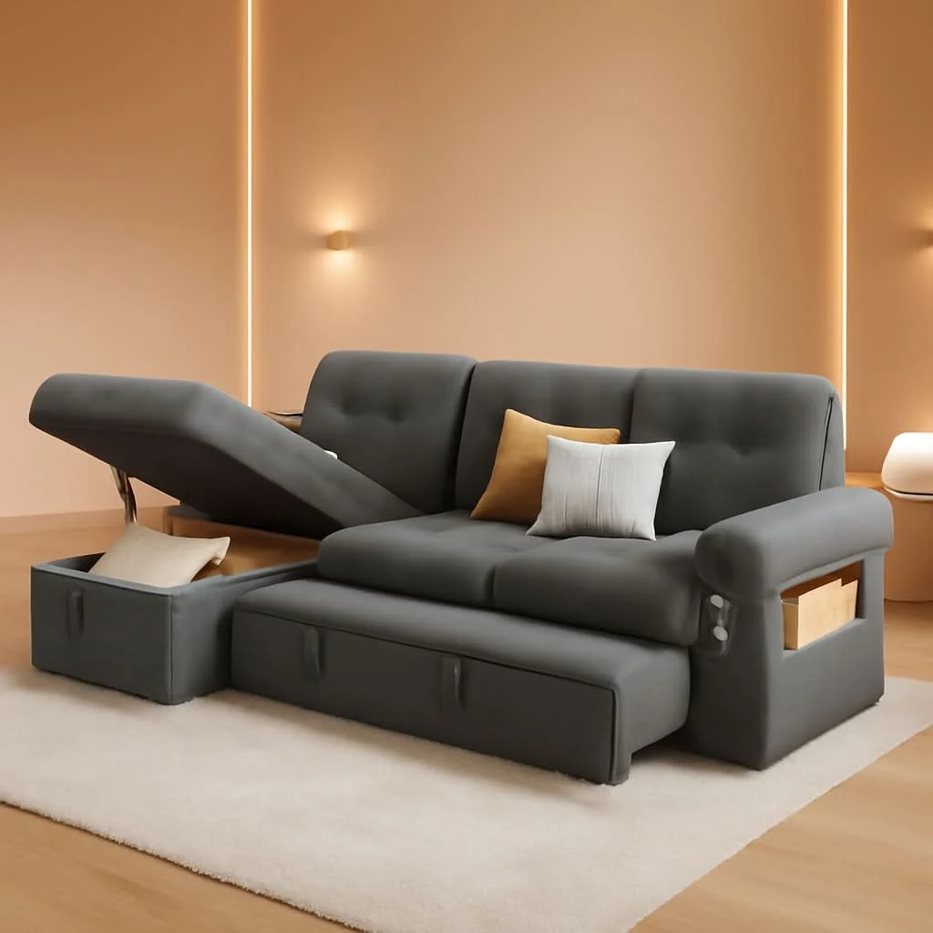 Healthy 84 Inch Sleeper Sofa Bed Dark Grey Velvet With LED Storage Sophisticated