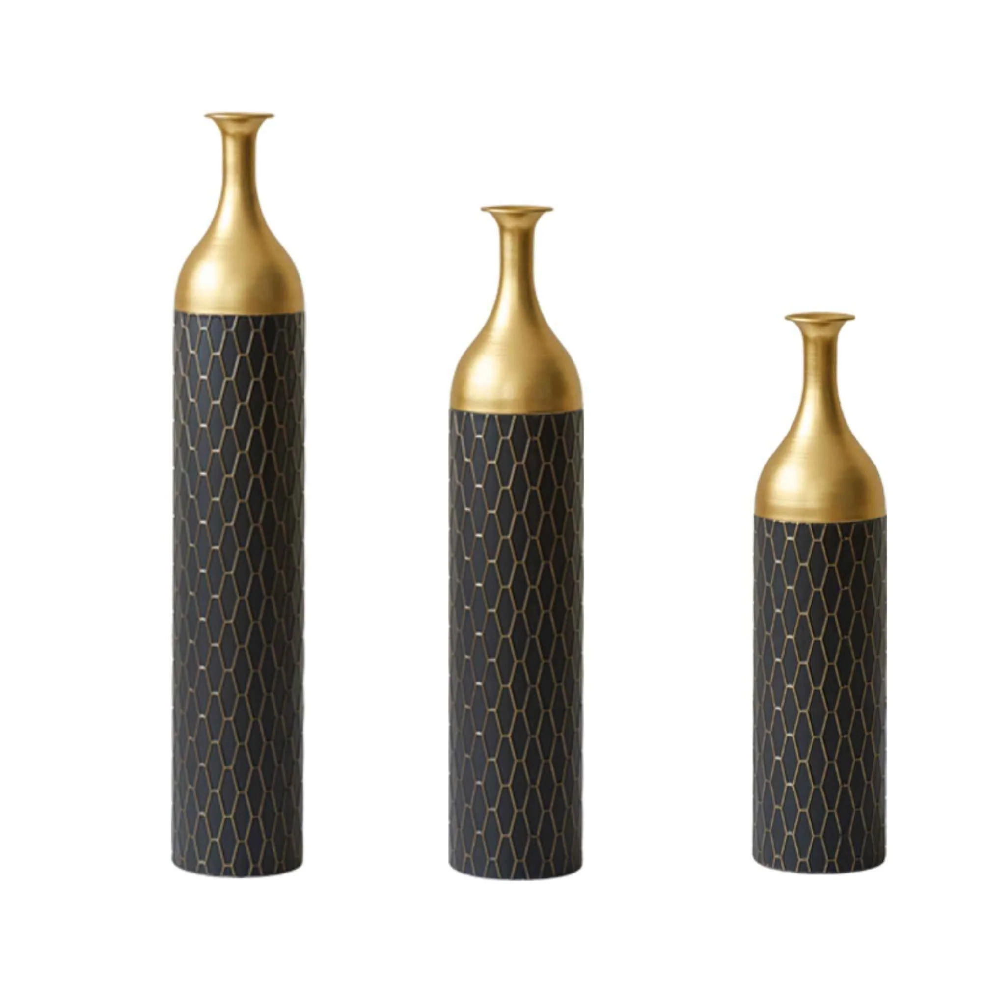 Traditional Elegant Floor Vase Set Metal Decorative Vases 3 Piece Set For Floral Display Wedding Gift Decor – Gold Black Excellent