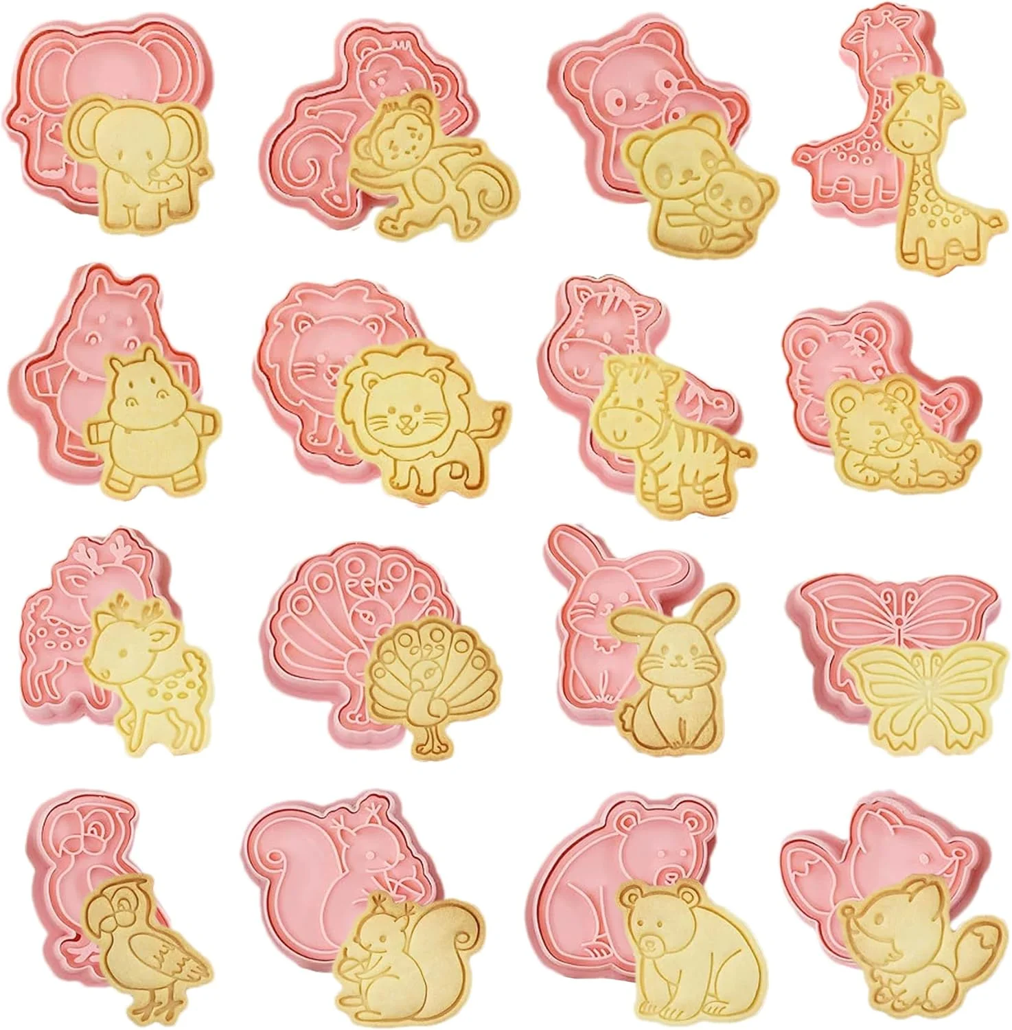 Environmentally Friendly 16pcs Animal Cookie Cutter Stamps Set Lion Panda Forest Themed Plunger Stampers for Baking Plastic Biscuit Molds for DIY Cookies Cake Decor J16 Fine Crafted