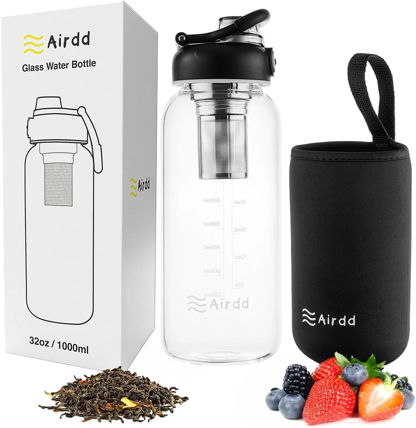 Powerful Glass Water Bottles with Stainless Tea Infuser 32oz BPA- Wide Mouth Leakproof Protective Sleeve Stylish