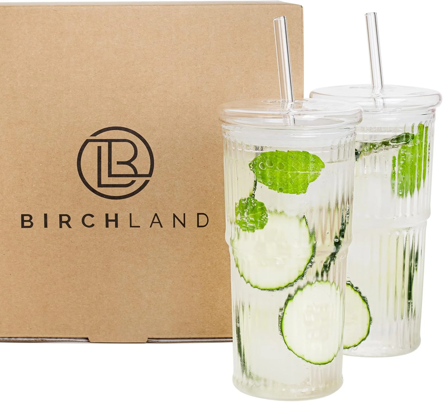 High-Performance Birchland All Glass Iced Coffee Cup with Lid and Straw Ribbed Glass Tumbler Set of 2 18 oz Advanced
