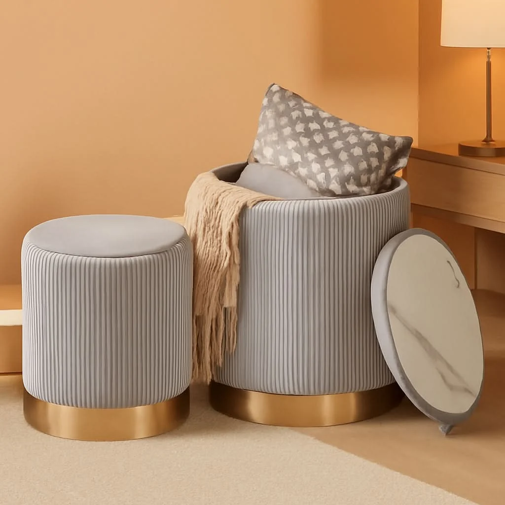 Effective Round Storage Ottoman TwoPack Gray Velvet Upholstered Unique